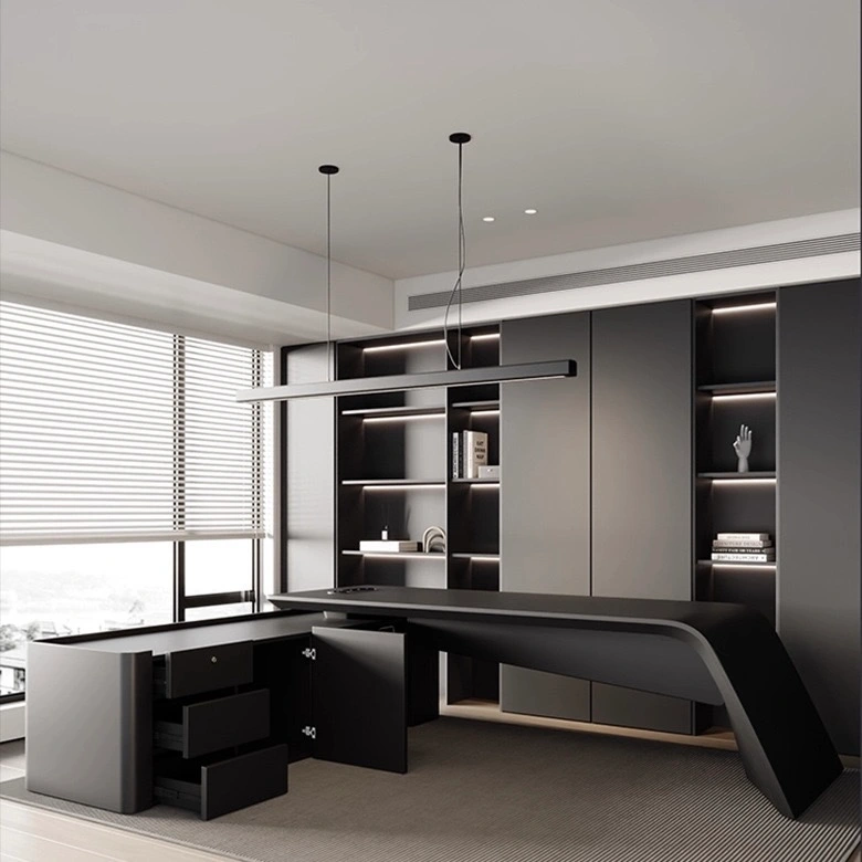 black executive desk with storage drawers