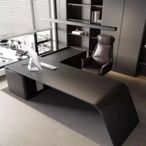 black executive desk with hidden power socket