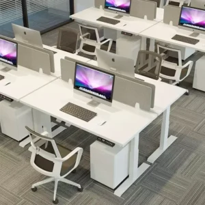 white adjustable height office table with screen