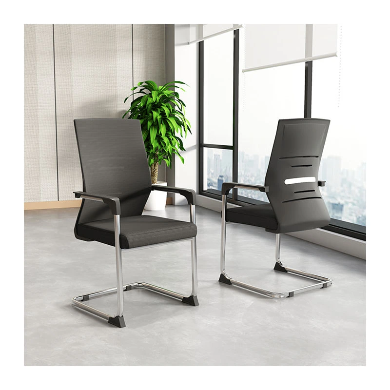 Side view of modern sled base office chair showing chrome metal frame