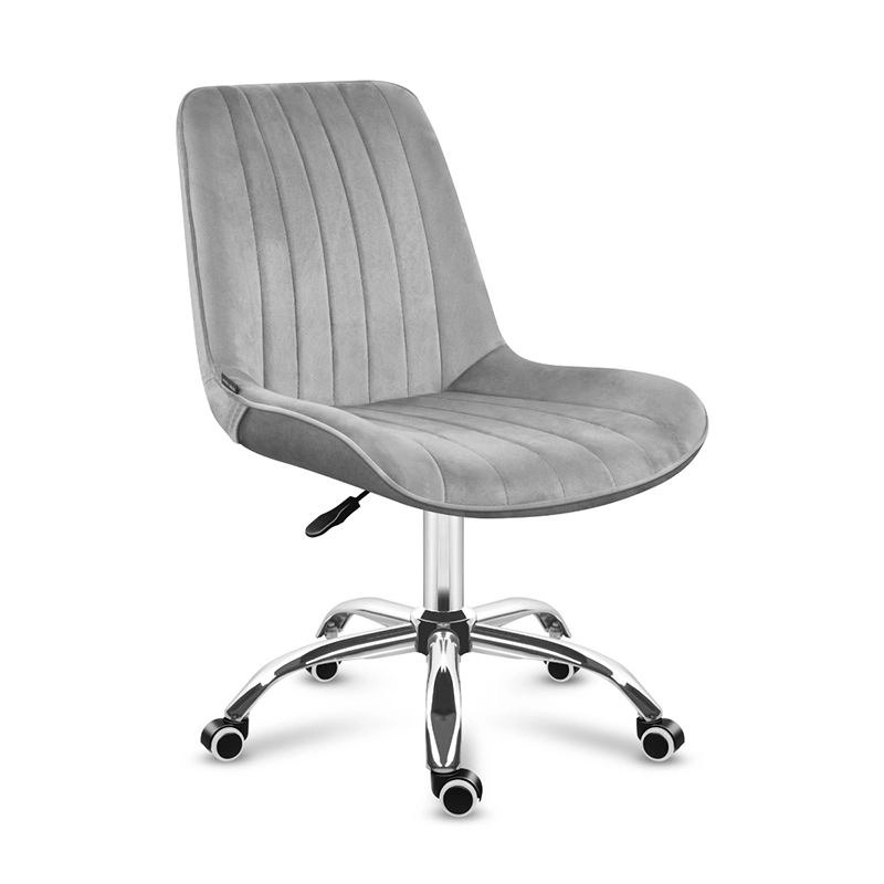 Light grey velvet office chair with adjustable metal base and wheels