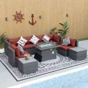Dark red rattan outdoor furniture set for courtyard