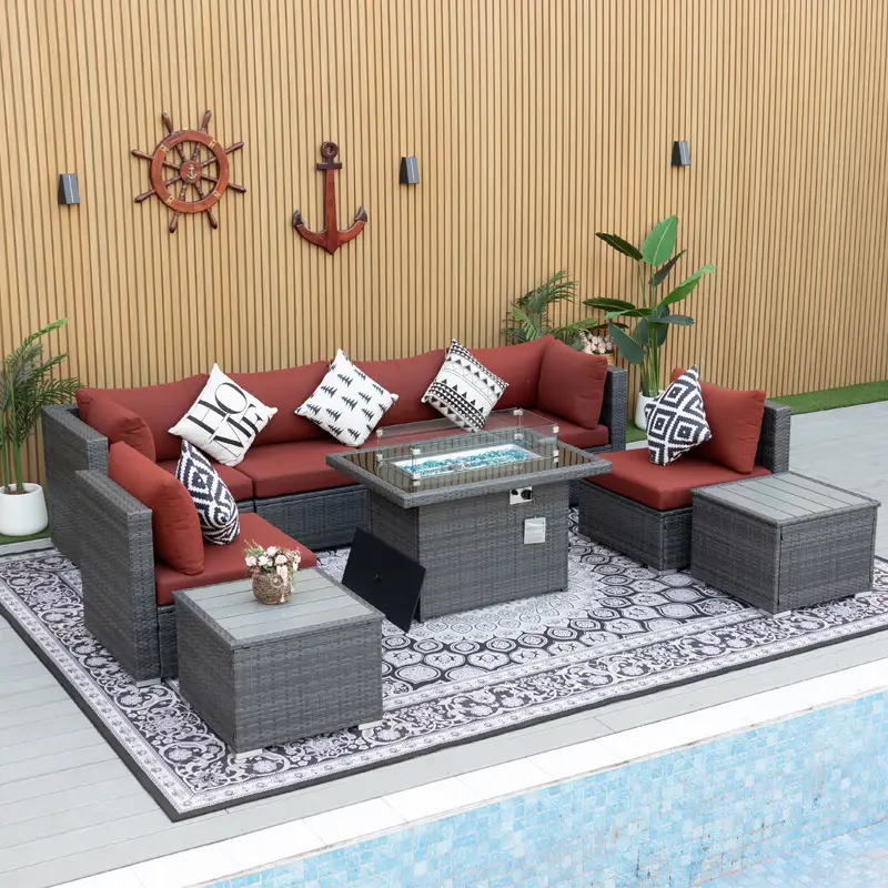 Dark red rattan outdoor furniture set for courtyard