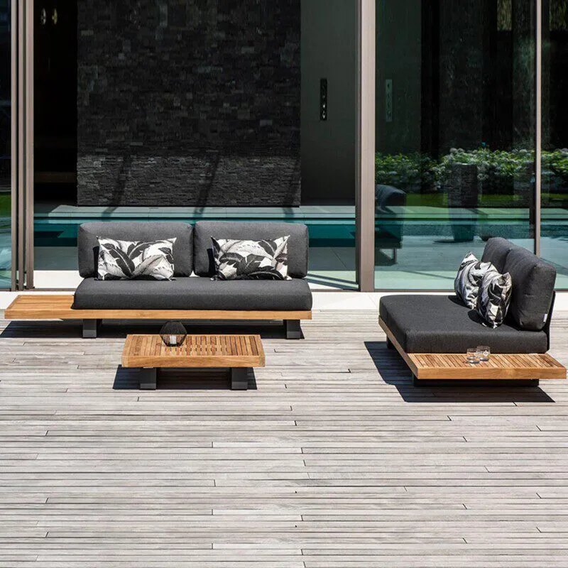 Modern aluminum outdoor furniture set on a luxury villa patio