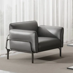 Modern tan PU leather office lounge chair with a black metal frame