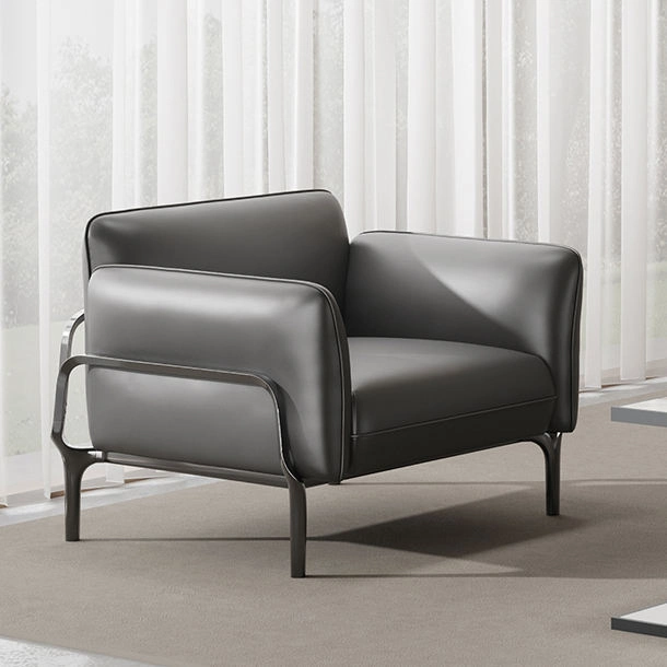 Modern tan PU leather office lounge chair with a black metal frame