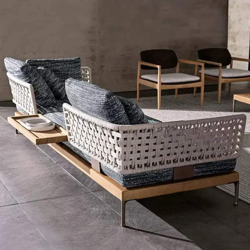 Modular teak outdoor sofa sectional with a thickened aluminum frame and hand-woven rattan