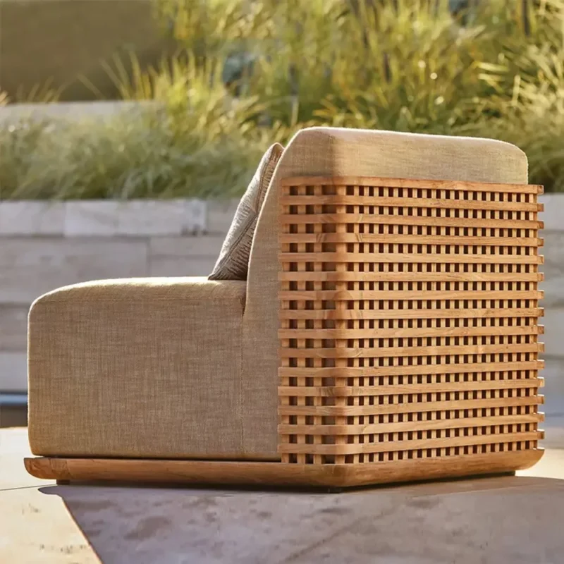 Waterproof Sunbrella fabric cushions on modern teak garden furniture