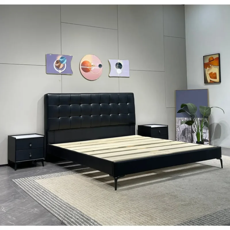 Close-up of the genuine black leather stitching on the modern bed frame Close-up of the genuine black leather stitching on the modern bed frame