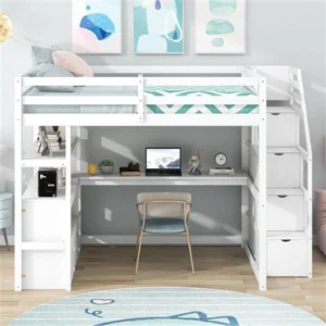 Full size white loft bed with built-in desk and shelves Full size white loft bed with built-in desk and shelves