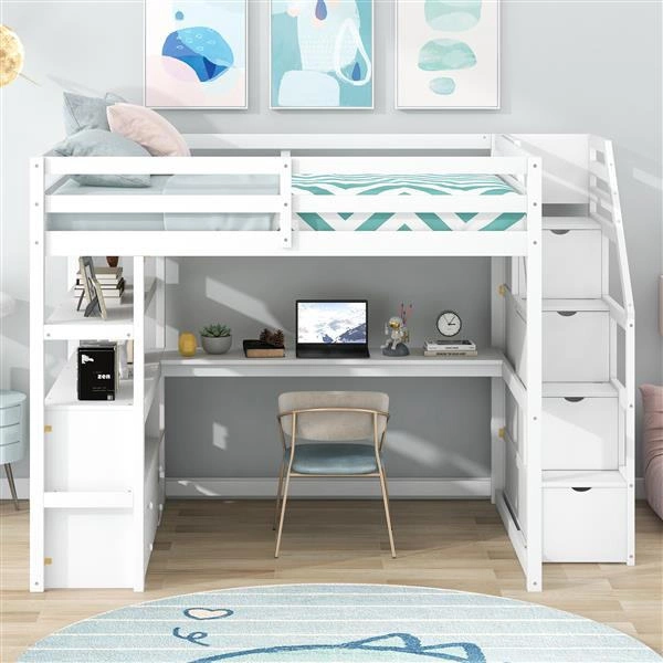 Full size white loft bed with built-in desk and shelves Full size white loft bed with built-in desk and shelves