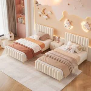 Modern tufted twin beds with wooden slat frames