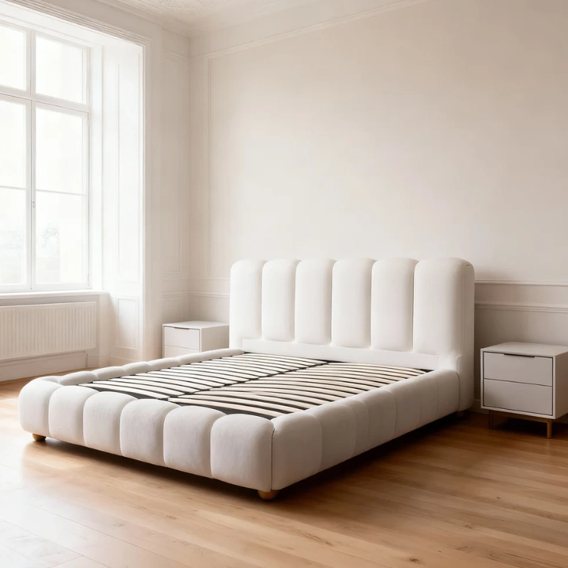 Modern white upholstered bed with channel tufted headboard and wooden slats
