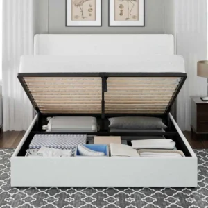 Upholstered platform queen bed frame with wingback headboard and lift-up storage Upholstered platform queen bed frame with wingback headboard and lift-up storage
