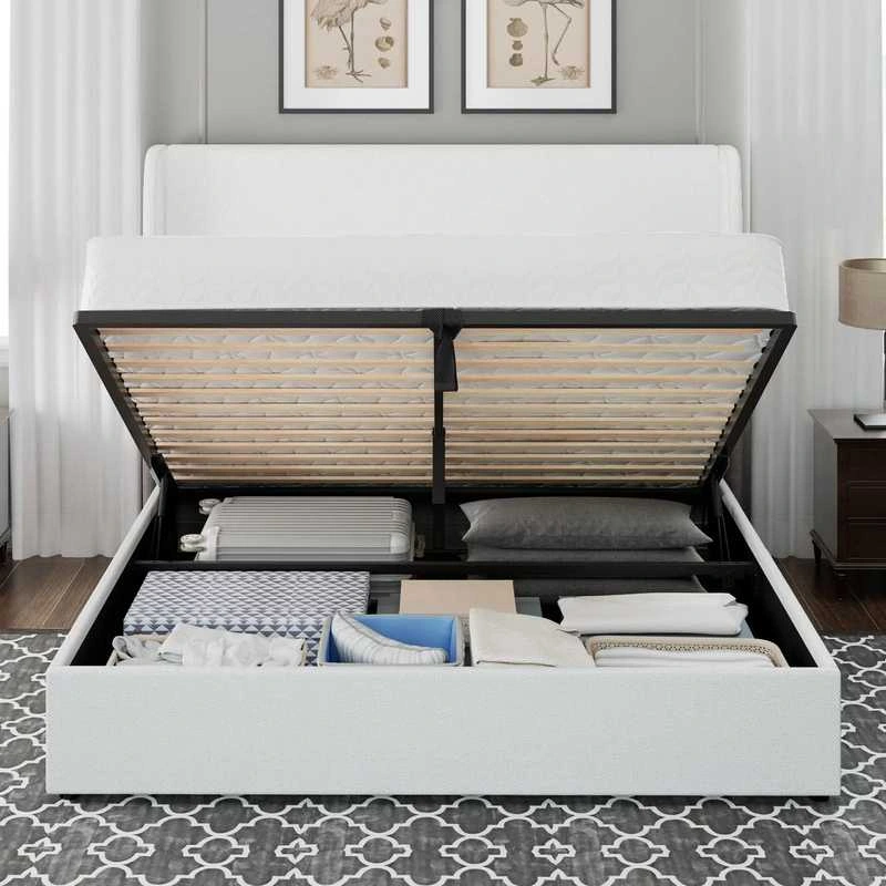 Upholstered platform queen bed frame with wingback headboard and lift-up storage Upholstered platform queen bed frame with wingback headboard and lift-up storage