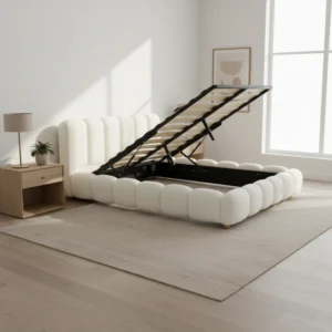 Luxurious white upholstered storage bed in a bright contemporary bedroom