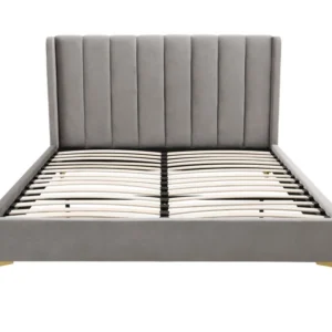 High-quality gray bed frame showing durable sprung slat base
