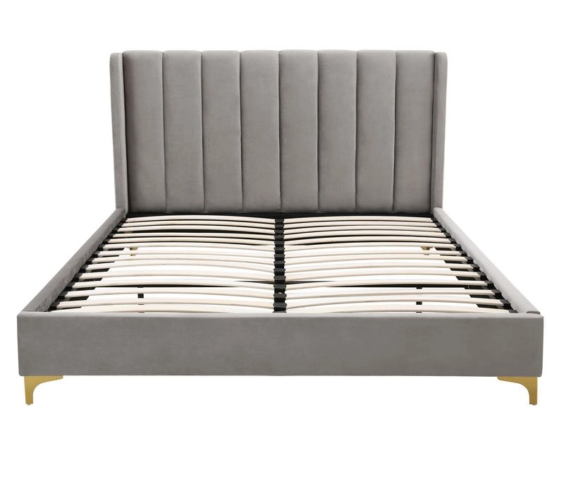 High-quality gray bed frame showing durable sprung slat base