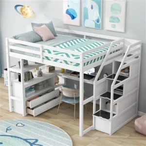 Sturdy wooden storage staircase of a white loft bed Sturdy wooden storage staircase of a white loft bed