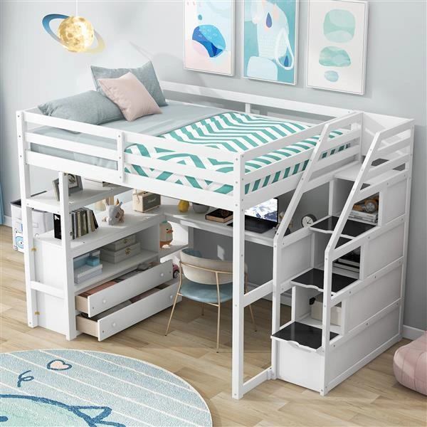 Sturdy wooden storage staircase of a white loft bed Sturdy wooden storage staircase of a white loft bed