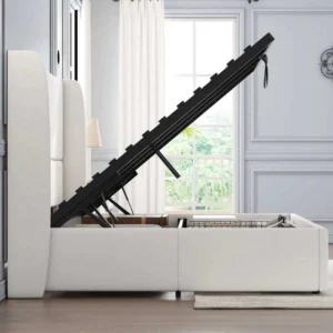 Modern white fabric lift up storage bed frame in a contemporary bedroom setting Modern white fabric lift up storage bed frame in a contemporary bedroom setting