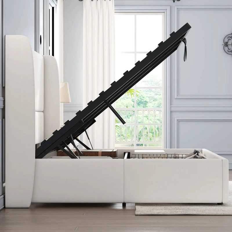 Modern white fabric lift up storage bed frame in a contemporary bedroom setting Modern white fabric lift up storage bed frame in a contemporary bedroom setting