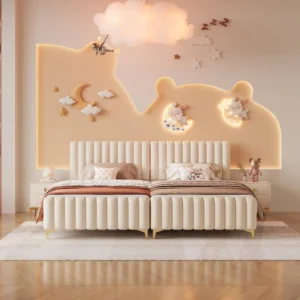 Cream-colored upholstered twin beds for children
