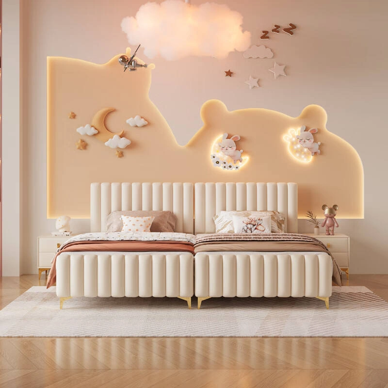Cream-colored upholstered twin beds for children