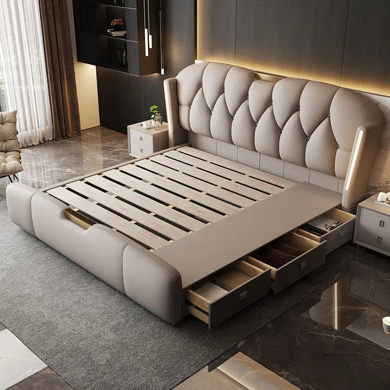 Upholstered bed frame with built-in side drawers Upholstered bed frame with built-in side drawers