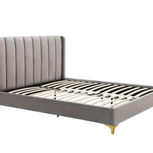Front view of an affordable gray bed frame featuring gold legs