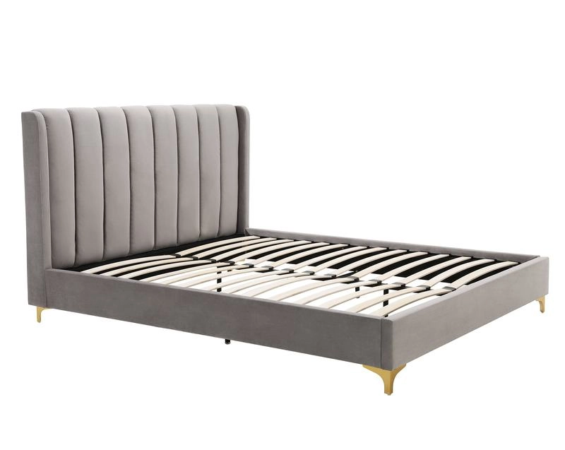 Front view of an affordable gray bed frame featuring gold legs