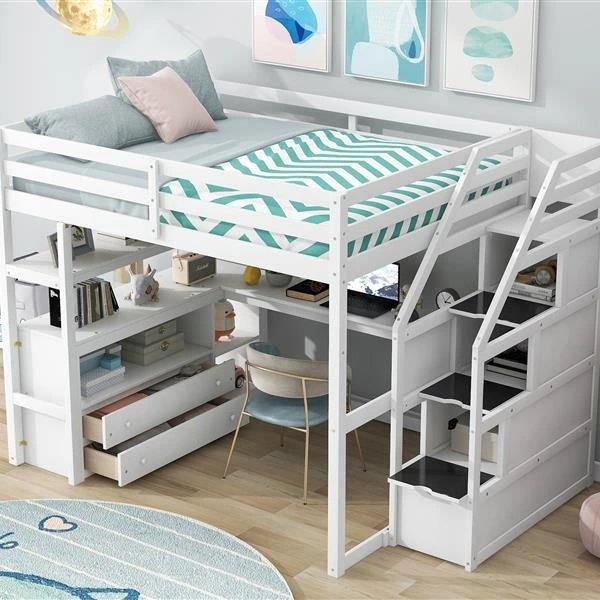 White loft bed featuring two large under-desk storage drawers White loft bed featuring two large under-desk storage drawers